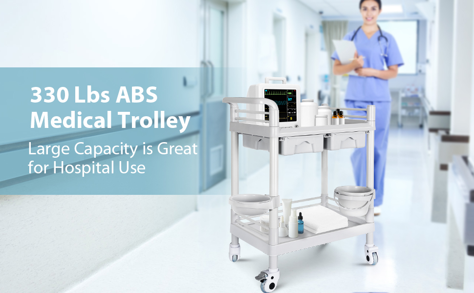 Mobile Medical Cart, 2 Tier Trolley 330 Lbs, with 2 Drawers Carts