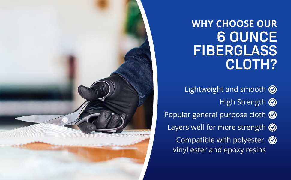 Gloved hand cutting a piece of fiberglass with scissors next to a list of 6 oz fiberglass features