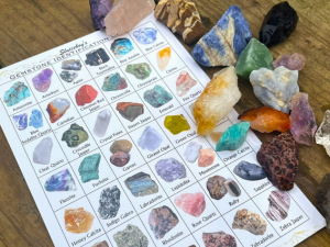 gemstones displayed next to gem chart