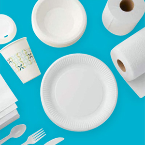 paper towels, paper products, cups, plates