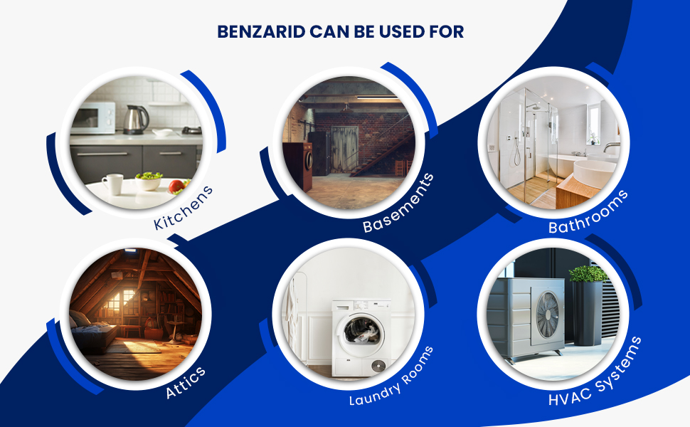 BenzaRid works great in kitchens, basements, attics, bathrooms, laundry rooms and HVAC systems.