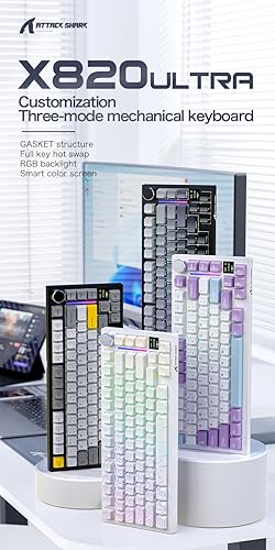 ATTACK SHARK X820ULTRA Wireless Gaming Mechanical Keyboard with TFT Smart Display&Knob,Side Printed PBT,Gasket Mounted 75% TKL Keyboard,BT5.0/2.4GHz/USB-C,RGB Backlit（White Contour,Shark Switch - Poueer