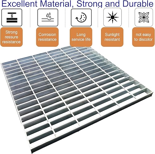 Galvanized Steel Drain Grate with Base, 16x16 Outdoor Drain Cover and Frame, B Class Sewer Grate with Lip, Durable Heavy Duty Channel Grate, Sliver Square Drainage Grate Driveway - Poueer