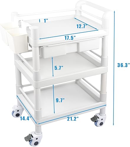 Medical Mobile Trolley Cart 3 Tier 500 Lbs Spacious Beauty Salon Rolling Trolley with Dirt Buckets Drawers 360°Rotate Wheels Heavy Duty Medical Utility Cart for Hospital Dental Clinic - Poueer