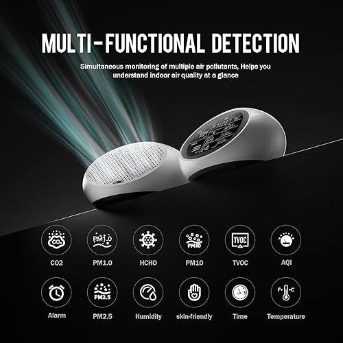 12 in 1 Air Quality Monitor Indoor- Portable Indoor Air Quality Meter for CO2, TVOC, PM2.5, PM1.0, PM10, Temperature, Humidity & Time Display, Air Quality Tester for Home 【Dual Chip & High Accuracy】 - Poueer