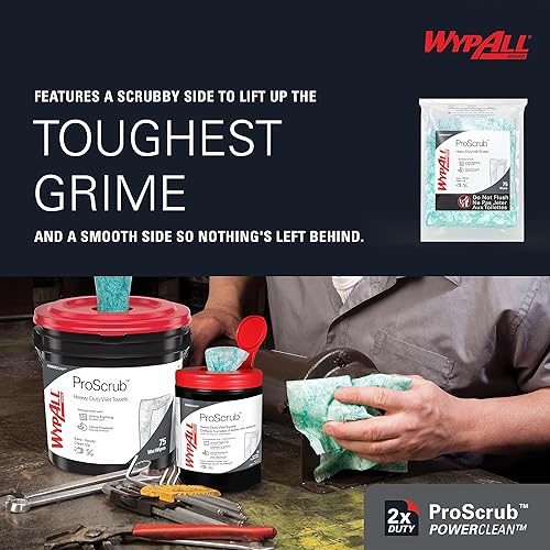WypAll PowerClean ProScrub Heavy Duty Wet Towels (91371), Dual Action Cleaning, Large 9.5' x 12' Wipes, Bucket Included (6 Containers of 75 Sheets, 450 Sheet Total) - Poueer