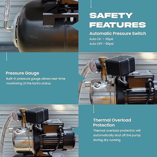 PS&W 1.5HP Shallow Well Pump with Pressure Tank, 1500GPH, 115V, Stainless Steel Irrigation Pump, Automatic Water Booster Jet Pump for Home, Garden, Lawn - Poueer