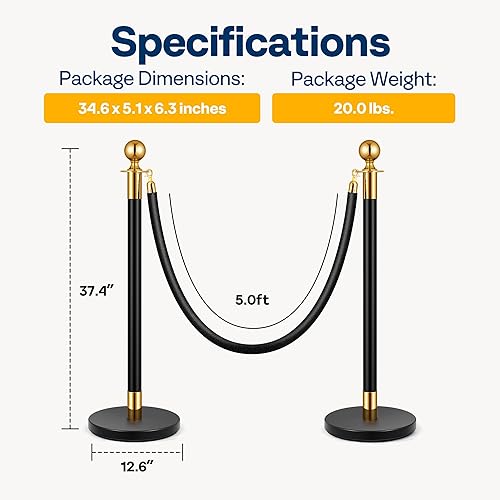 VIVOHOME Heavy Duty Iron Stanchion Post Queue 4PCS Pole w/ 2 Black Velvet Ropes, Crowd Control Barriers w/Fillable Base for High-end Venues, Museums, Party Supplies (4 Pieces, Black and Golden) - Poueer