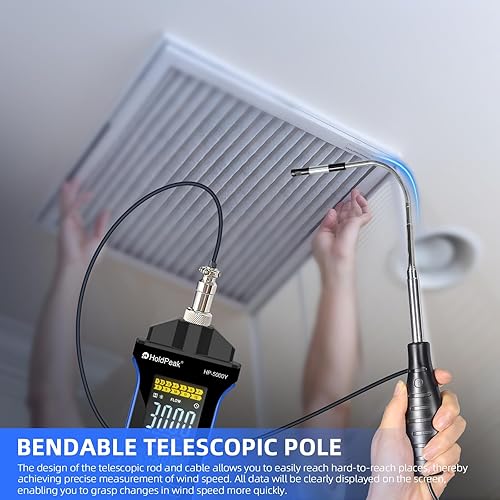 HOLDPEAK Professional Hot-Wire Anemometer, High-Precision Digital CFM/CMM Air Velocity Meter Wind Speed Gauge, HVAC Wind Temperature Tester with Telescopic Probe, Backlit LCD, USB Data Export - Poueer