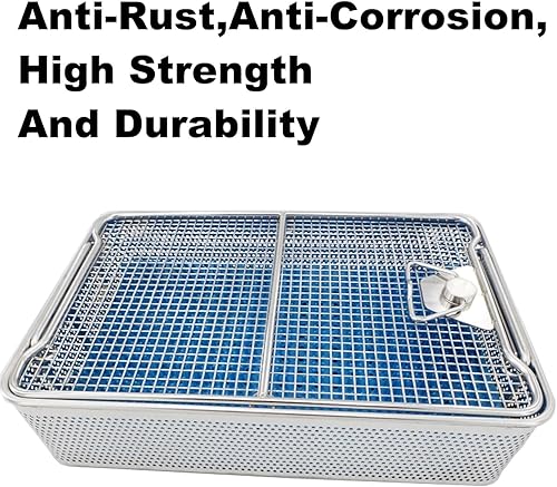 304 Stainless Steel Surgical Instrument Sterilization Basket with Lid, High-Temperature & High-Pressure Medical Tray, Silicone Pad, Punched Holes, Dental Tray for Sterilization (17.7in)(18.9in*9.8in*2 - Poueer