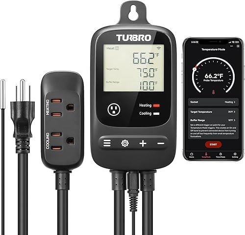 TURBRO Smart Temperature Controller Heating Cooling, WiFi-Enabled Thermostat with Timer and Temperature Monitoring for Home Brewing, Seedling, Greenhouse, and Reptile Terrarium, TC01 - Poueer