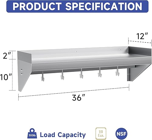 Stainless Steel Shelf 36 * 12 in, Stainless Steel Wall Shelf with 5 Hooks, Kitchen Shelf Wall Shelves Steel Floating Shelf for Kitchen, Commercial Restaurant, Laundry Room, Bar, Microwave - Poueer