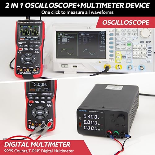 Handheld Oscilloscope Multimeter, 10MHz Bandwidth, 48MSa/s, Auto Waveform Measurement, 9999 Counts Multimeter, Volt & Amp Tester, Capacitance, Resistance, Diode & Temperature Supported - Poueer
