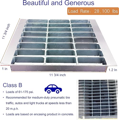 Galvanized Steel Drain Grate with Base, 16x16 Outdoor Drain Cover and Frame, B Class Sewer Grate with Lip, Durable Heavy Duty Channel Grate, Sliver Square Drainage Grate Driveway - Poueer
