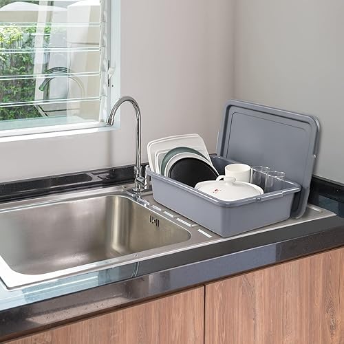 3-Pack 13 L Plastic Commercial Tote Box with Lid, Bus Tubs/Bus Box, Gray - Poueer