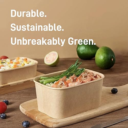 Paper Food Containers with Lids [50 pack] 35 oz Kraft Paper Meal Prep Containers with Lids, Microwavable and Freezer Storage Use Cardboard Food Containers, Disposable Take Out Containers - Poueer
