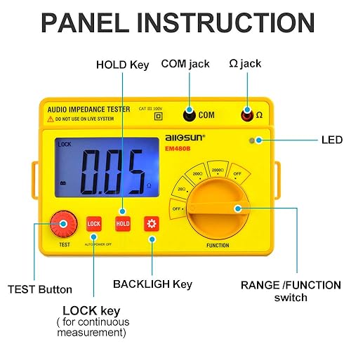 allsun Digital Insulation Resistance Meter, Earth Audio Impedance Tester, Handheld Megohmmeter, LCD Backlight, Yellow (EM480B) - Poueer