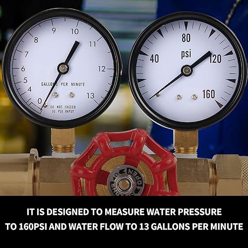 Watflow Water Flow Gauge, Temperature and Pressure Test Assembly, 0-160psi,0-13 GPM, 3/4' Female Hose Thread. - Poueer
