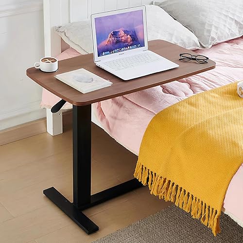 Adjustable Overbed Table with Hidden Wheels for Hospital and Home Use, Rolling Laptop Standing Desk with Wood Tabletop, Hospital Bed Table, Walnut - Poueer