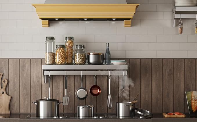 12' x 36' NSF Certified Stainless Steel Wall Mount Shelf - Multifunctional Metal Storage Rack with Backsplash and 6 Hooks - Poueer