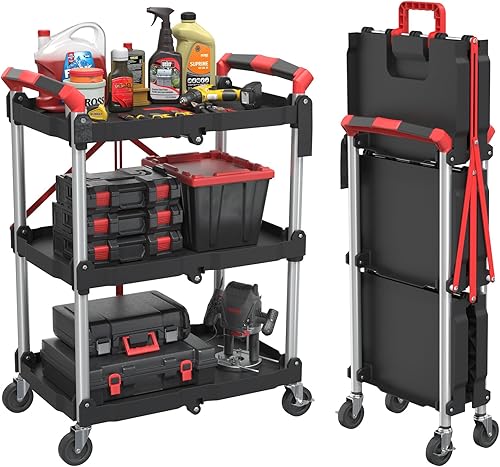 3 Tier Foldable Service Cart with Wheels, Rolling Collapsible Folding Utility Cart for Home, Office, Garage, and Warehouse (Red) - Poueer