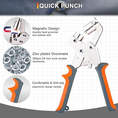 Heavy Duty Grommet Tool Kit, 500 pcs 3/8 Inch 10mm Grommets, Grommet Kit, Eyelet Tool, Press for Tarp, Fabric, Banner, Canvas, Leather, Tents, Vinyl, Punching Machine - Poueer