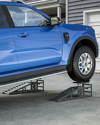 Hydraulic Car Ramps, 4-Position Adjustment, 5T 11000lbs Low Profile Car Lift Service Ramps Truck Trailer Garage,Height Hydraulic Vehicle Ramps, Lift Height 11.61-16.21 inches - Poueer