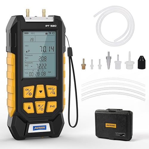 AUTOOL Manometer Gas Pressure Tester,Digital Manometer HVAC,11 Units Differential Dual Port Pressure Gauge -100 to 200Kpa,Data Zeroing with Backlight LCD Display - Poueer