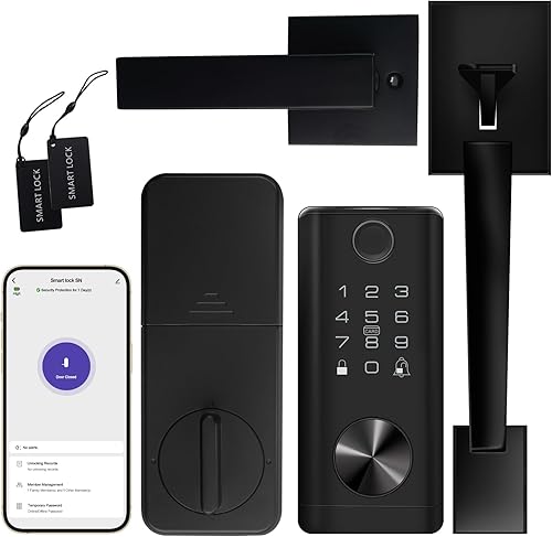 Smart Keyless Fingerprint Keypad WiFi Door Lock Set with Handle, Front Entry Digital Electronic Biometric Deadbolt TT Lock Set, Black - Poueer