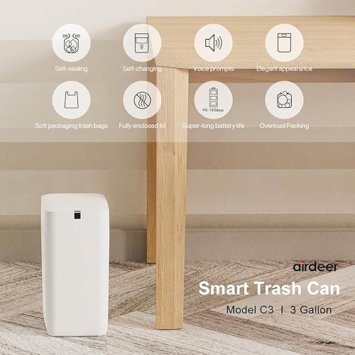 Automatic Trash Can, 3 Gallon Self Sealing and Self-Changing Smart Trash Can, Motion Sensor, Touchless Garbage can with lid for Kitchen Bathroom Bedroom Office, 6 Refill Rings(C3, White) - Poueer