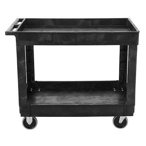Rubbermaid Commercial Products 2-Shelf Service/Utility Cart with Wheels, 300-Pound Capacity, Black, Lipped Shelves with Handle, Use in School/Restaurant/Warehouse/Manufacturing - Poueer