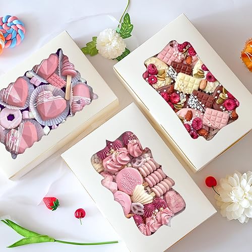 TOMNK 60pcs Bakery Boxes, 12x8x2.5 Inches 3 Style Cookie Boxes, Treat Containers with Window for Mother's Day, Candies, Chocolate Strawberries, Cakes, Muffins, Donuts - Poueer