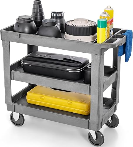 Goplus Service Utility Cart, 3-Tier Heavy-Duty PP Rolling Cart with 550 LBS Capacity, 2 Universal Wheels, Ergonomic Handle, Multi-Functional Work Carts for Garage, Kitchen, Hotel, Office, Warehouse - Poueer