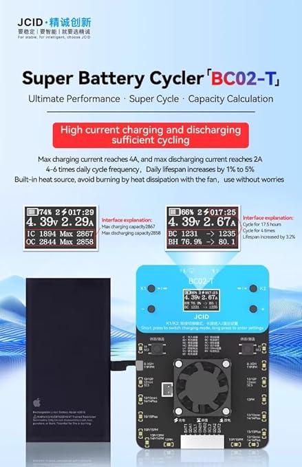 JCID Super Battery Cycler BC02-T Dual Channel Battery Tester High Current 4A Charging Device for iPhone Battery Health Testing JC Programmer JCID Testing Device WYLIE Tools 5 Pack - Poueer