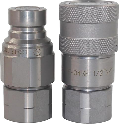 1/2'' NPT Flat Face Hydraulic Quick Connect Coupling Set Skid Steer Loader Quick Disconnect Coupler with Dust Caps ISO12.5 - Poueer