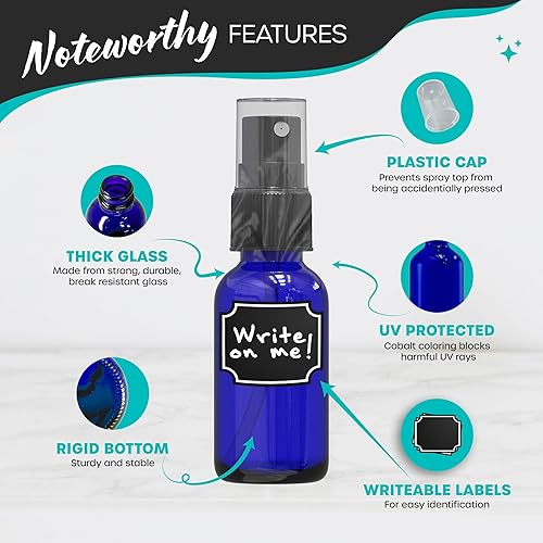 Nevlers 48 Pack Blue 1 Oz Glass Spray Bottle | The Blue Misting Glass Bottles Includes Sprayers, a Funnel & Brush with Bonus Labels to Easily Identify its Contents - Poueer