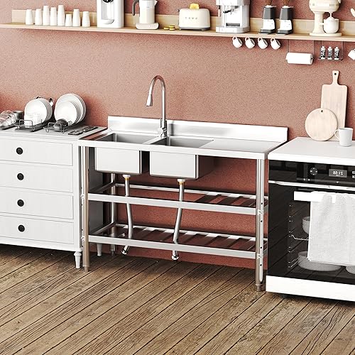 Stainless Steel Utility Sink with Pull-Down Faucet - 47x18x32 Inch Freestanding Double Bowl Commercial Sink Set, NSF Certified for Kitchen, Restaurant & Garage Use - Poueer