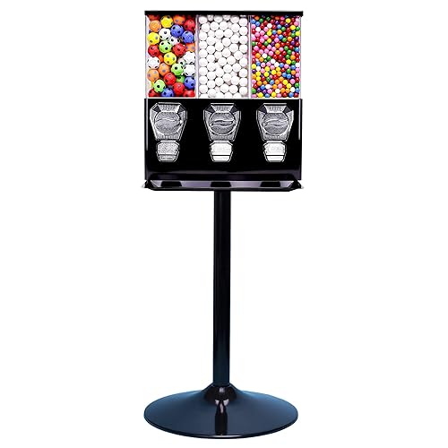Vending Machine - Commercial Gumball and Candy Machine with Stand - Black Triple Vending Machine with Interchangeable Canisters - Coin Operated Candy Dispenser and Gumball Machine - Vending Dispenser - Poueer
