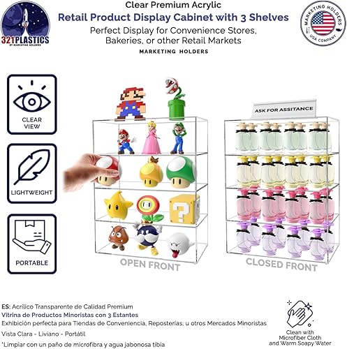 Marketing Holders Retail Product Display Showcase Cabinet 12' x 7' x 16' Clear Acrylic Lucite Doorless Countertop Case with Three Shelves - Poueer