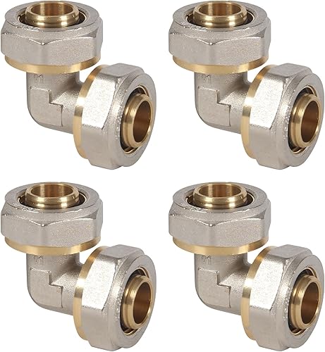 4 Pack 3/4'' Elbow Air Piping Fittings 3/4'' x 3/4'' Tubing Brass-Nickel Plated Equal Elbow Tubing Fittings for Shop Garage Compressed Air Line System Kit Air Compressor Accessories - Poueer
