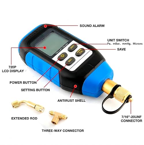 Digital Vacuum Gauge, 0-75000 Microns Gauge Range, ±5% Measurement Accuracy, 4 Vacuum Units Buzzer Alarm Digital Display 7/16”-20UNF Connector Three-Way Connection Extended Rod - Poueer