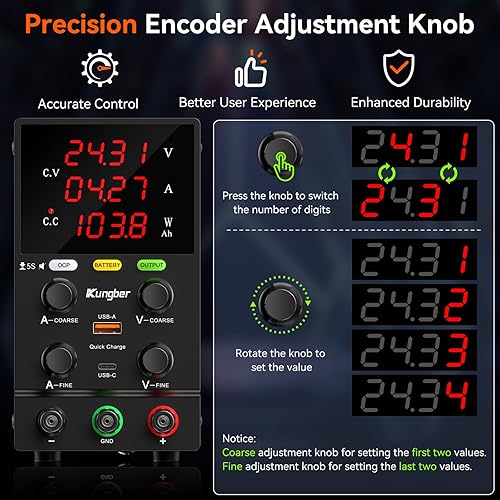 DC Power Supply Variable, 30V 10A Adjustable Switching Regulated DC Bench Power Supply with Intelligent Charging Mode, 18W USB Interface, Precision Encoder Knob (Black) - Poueer