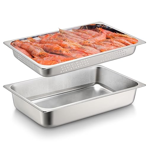 Tioncy 2 Pack Full Size Hotel Pans with Perforated Steam Pan, Stainless Steel Steam Table Pan Multifunctional Food Chafing Supplies for Restaurant Kitchen(Full Size, 6 Inches, 8 Inches) - Poueer