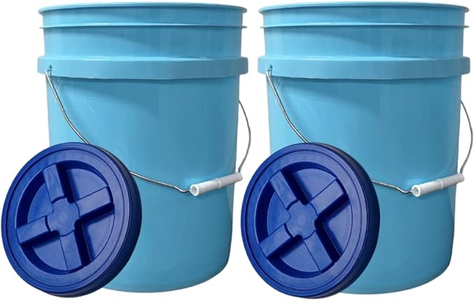 House Naturals 5 Gallon Aqua Food Grade BPA Free Made in USA Bucket Pail with Blue Airtight Double Gasket Screw on Lid (Pack of 2) - Poueer