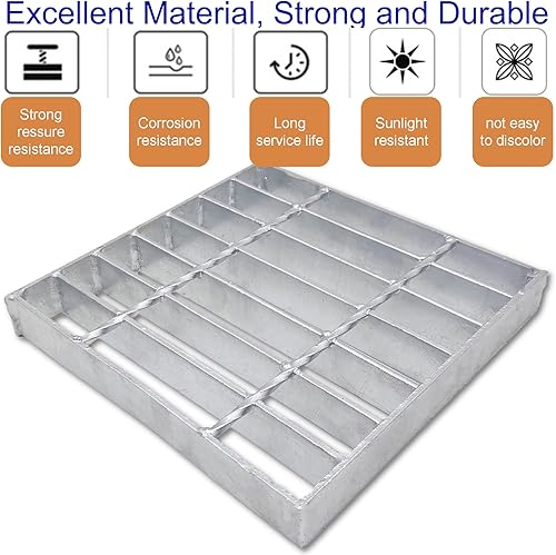 Galvanized Steel Drain Grate with Base, 16x16 Outdoor Drain Cover and Frame, B Class Sewer Grate with Lip, Durable Heavy Duty Channel Grate, Sliver Square Drainage Grate Driveway - Poueer