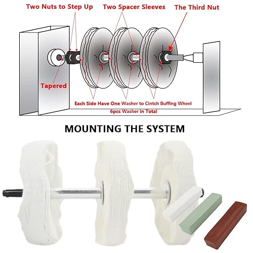 Woodworking Lathe Buffing System 16' #2MT Mandrel 3-Step Buffing Wheel Kits 8inch with 3pcs Polishing Cutting Compounds - Poueer