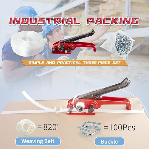 Heavy Duty Pallet Strapping Tools Kit for 1/2'~3/4' Strap,100 pcs Strapping Buckles and 3/4' x 820' Woven Cord Strapping Roll,2000 lbs Break Strength - Poueer