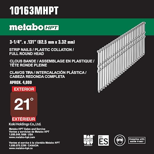 Metabo HPT Framing Nails | 3-1/4 In. x .131 | 21 Degree | Full Round Head | Hot Dipped Galvanized | Smooth Shank | 2,000 Count | 10163MHPT - Poueer