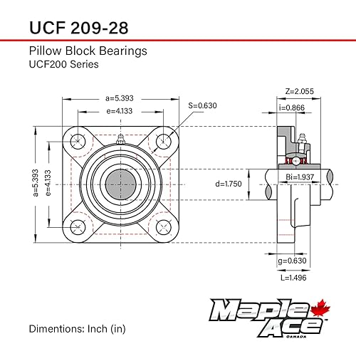 MAPLE ACE UCF209-28 Square Flange Bearing 1-3/4' Bore, 4-Bolt Self-Aligning, Solid Base, Heavy Duty (Qty 4) - Poueer