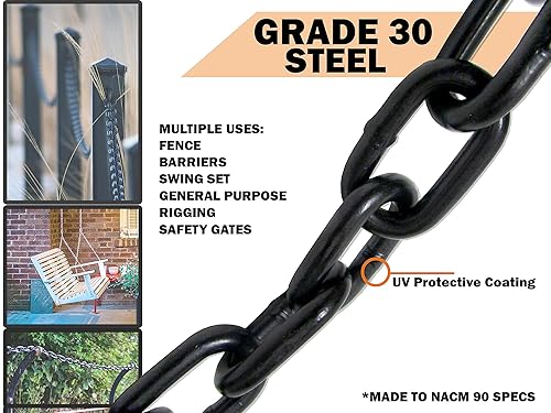 3/16' Black Powder Coated Safety Chain | Grade 30 Proof Coil | UV Protection | Working Load 720 LBS (20 FT) - Poueer